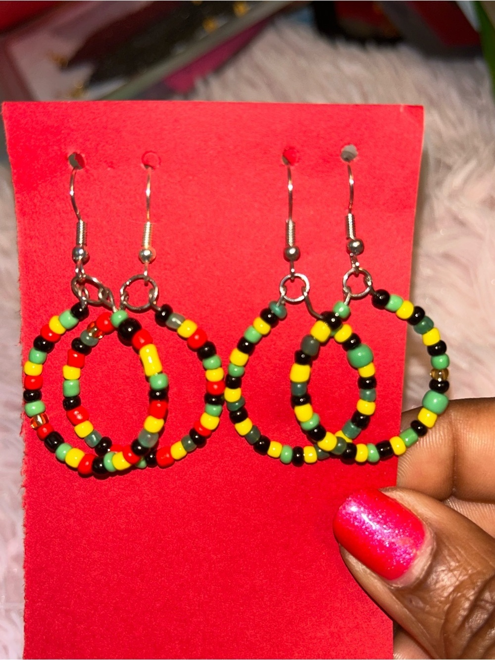 Vibrant Jamaican Beaded Hoop Earrings - Black, Yellow, Green set